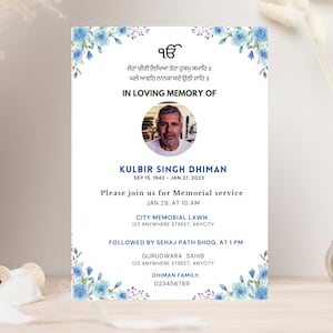 Invitación a un funeral sij, plantilla de invitación a un funeral punjabi, invitación a Antim Ardas Bhog, descarga instantánea, invitación a un funeral indio