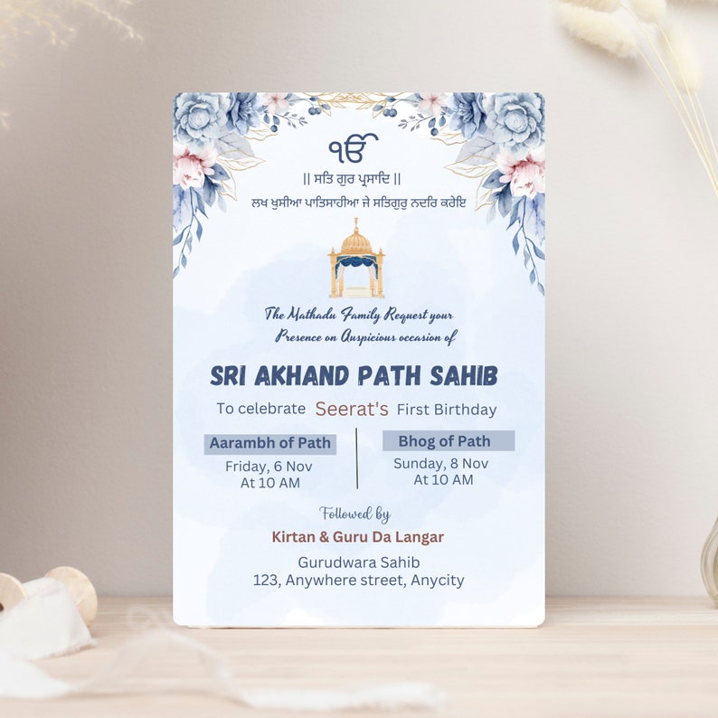 Mall för digital Canva-inbjudan till Sri Akhand Path Sahib | Inbjudan till första födelsedag | Sikhisk religiös ceremoni | anpassningsbar mall Canva bild 1