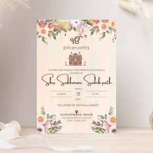 May include: A floral-themed invitation card for a Shri Sukhmani Sahib path ceremony. The card features a golden temple illustration, a floral border, and the text "Shri Sukhmani Sahib path" in brown script. The date and time of the event are listed as "Sunday, March 13, 2024, 10 AM". The invitation also includes the location of the event, "Gurudwara Sahib, 123 Anywhere St., Anycity", and an RSVP contact, "Baljeet".