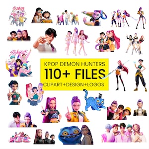 May include: A selection of digital illustrations and designs, inspired by K-pop culture. The images include anime-style characters, groups, and individual portraits. The text "KPOP DEMON HUNTERS" and "110+ FILES" is displayed on a yellow background.