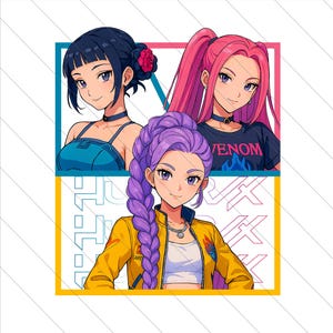 May include: Digital illustration of three anime-style women. One has dark blue hair with a pink flower, another has pink hair in a ponytail, and the third has purple hair in a braid. Each is framed in a different color.