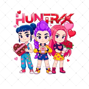 May include: Illustration of three cartoon figures with different hair colors, holding Valentine's Day gifts. The word "HUNTRAX" is displayed above them. The figures are wearing outfits with heart designs and holding a heart-shaped box of chocolates, a heart-shaped hand gesture, and a bouquet of roses.
