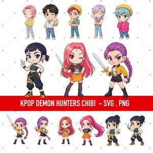 Paquete de imágenes prediseñadas de Kpop Demon Hunters Chibi / Pegatinas lindas de anime PNG SVG / Descarga digital de merchandising de Kpop para planificadores y álbumes de recortes