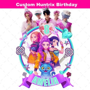 May include: A custom birthday cake topper featuring a group of anime-style characters. The design includes a rainbow arch, musical notes, stars, and a blue cat. The name "AMELIA" is displayed on a purple banner, and the text "Custom Huntrix Birthday" is at the top.