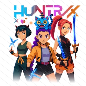 May include: Illustration of three female characters from a video game, with the word "HUNTR/X" in the background. The characters are holding weapons and wearing colorful outfits. One character has a blue cat on their head.