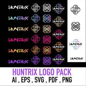 May include: A collection of colorful "HUNTR/X" logos in various designs and color gradients, including white, blue, yellow, pink, and purple. The logos feature a geometric cross-like symbol. The text "HUNTR/X LOGO PACK" is displayed below.