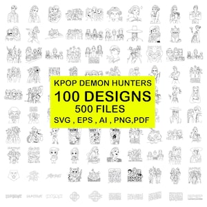 Puede incluir: Una colección de 100 diseños de KPOP Demon Hunters en blanco y negro, disponibles en 500 archivos. Los formatos incluyen SVG, EPS, AI, PNG y PDF. La imagen presenta varias ilustraciones de personajes.