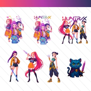 Peut inclure: Illustrations numériques de personnages féminins stylisés avec des épées et un chat bleu. Les personnages portent des tenues jaunes, oranges et turquoise, avec le texte "HUNTRX". Le chat a une épée et une cape.