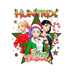 May include: A digital illustration featuring three women in festive attire. The image includes the text "HUNTRIX" and "Merry Christmas." One woman holds a gift, another a candy cane, and all are set against a star-shaped background with Christmas decorations.
