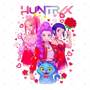 May include: A colorful graphic featuring three anime-style figures with pink, purple, and blue hair, surrounded by hearts and roses. A blue cat with a bow tie is at the bottom. The word "HUNTRAX" is at the top.