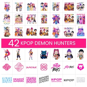 Puede incluir: Una colección de gráficos y logotipos con temática K-Pop, incluyendo el texto "42 KPOP DEMON HUNTERS". Los diseños presentan ilustraciones estilizadas de personajes y logotipos en varios colores, incluyendo rosa, morado y amarillo.