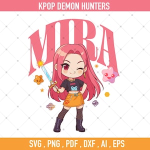 Peut inclure: Illustration numérique de Mira, personnage de "KPOP DEMON HUNTERS". Mira a les cheveux roses, un haut noir avec un ours, et une jupe orange. Elle tient une épée et est entourée d'étoiles. L'image comprend le texte "SVG, PNG, PDF, DXF, AI, EPS."