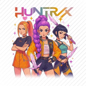 Peut inclure: Illustration de trois personnages féminins de la série Huntrix. Les personnages sont dans une pose dynamique, tenant des armes stylisées. L'image présente une palette de couleurs vives avec un mélange d'orange, de violet et de jaune. Le logo Huntrix est en haut.