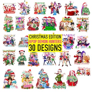 Puede incluir: Una colección de 30 diseños navideños con KPOP Demon Hunters. Los diseños presentan varios personajes con atuendos festivos, con textos como "Merry Christmas" y "Christmas Edition".