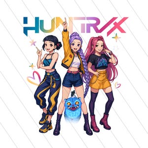Pode incluir: Ilustração em estilo anime com três personagens e o texto "HUNTRX" acima. Os personagens usam roupas coloridas, um deles apontando para cima. Um monstro azul está aos seus pés, com estrelas e corações espalhados.