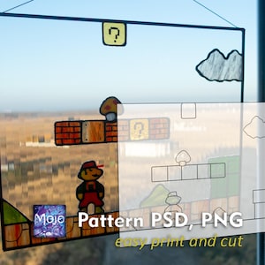 8-Bit Pixel Plumber Stained Glass Pattern — Retro Game Hero DIY Template, svg psd Download