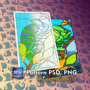 Peut inclure: Un motif de vitrail représentant un caméléon sur une branche avec des feuilles. Le motif est présenté avec et sans couleur, ce qui le rend facile à imprimer et à découper.