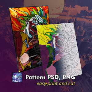 Patrón digital PSD, PDF Panel de vitral de payaso espeluznante, inspirado en un Joker
