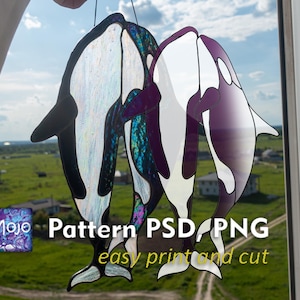 Family of orcas suncatcher Pattern PSD, PDF, SVG | Stained glass orcas | Glass Home decor from Ukraine