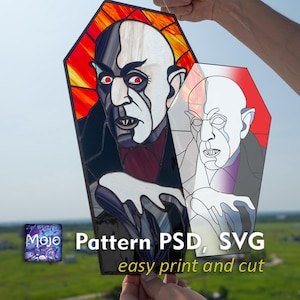 May include: A stained glass coffin-shaped panel featuring a vampire with red eyes and a stern expression. The panel has a red and orange background. The image also includes a black and white line drawing of the same vampire. Text on the image reads "Pattern PSD, SVG easy print and cut."
