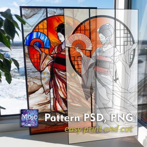 May include: Stained glass panel depicting a geisha with a fan, set against an orange and blue background. The artwork is framed in black and includes the text "Pattern PSD, PNG easy print and cut".