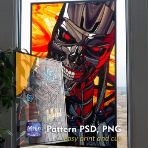 May include: A stained glass window design featuring a robot with red eyes and a menacing grin. The design is outlined in black and has a red, orange, and yellow background. The text "Pattern PSD, PNG easy print and cut" is visible at the bottom of the image.