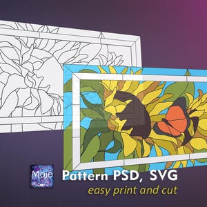 Puede incluir: Dos patrones rectangulares de vidrieras. Uno es un contorno en blanco y negro de un girasol. El otro es una versión coloreada del girasol con una mariposa. El texto dice "Pattern PSD, SVG easy print and cut."