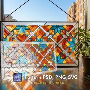 May include: A stained glass window with a geometric design in shades of orange, blue, yellow, and silver. The window is hanging in front of a window with a view of a building. The text "Pattern PSD, PNG, SVG easy print and cut" is visible.