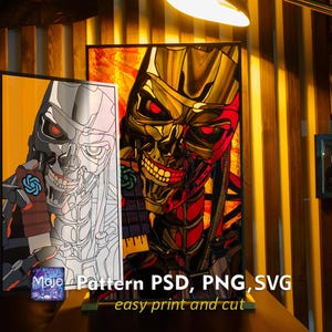 May include: Two framed art prints featuring stylized robot skull illustrations. One is in grayscale, the other in gold, red, and black. The prints are displayed on a wooden surface. Text on the image reads "Pattern PSD, PNG, SVG easy print and cut."