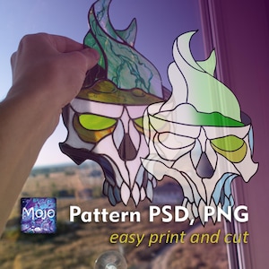 Patrón digital PSD y PDF de calavera venenosa de Halloween. Atrapasol de vitral para decoración del hogar de Ucrania.