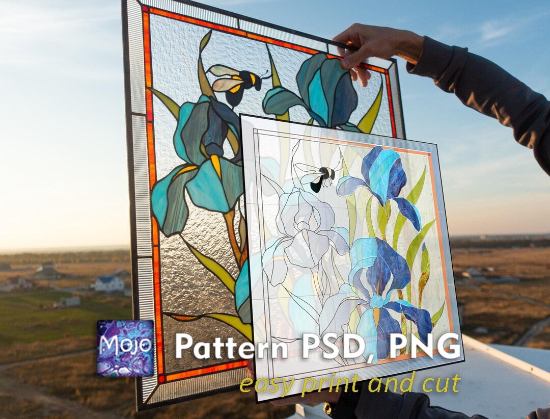 Blue Iris Stained Glass Pattern — Tiffany Floral Panel DIY Template ...
