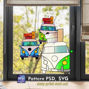 May include: Window clings depicting cartoon camper vans in blue, green, and white, with luggage on the roof. The vans have black outlines. Text reads "Pattern PSD, SVG easy print and cut".