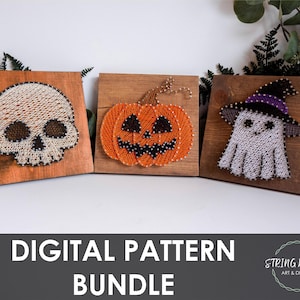 May include: Three Halloween-themed string art pieces on wooden squares: a skull, a jack-o'-lantern, and a ghost wearing a witch hat. The text "DIGITAL PATTERN BUNDLE" is displayed below the art. The String Works Art & Design logo is in the bottom right corner.