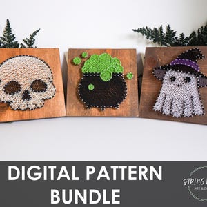 May include: A Halloween-themed digital pattern bundle featuring string art designs. The set includes a skull, a bubbling cauldron, and a ghost wearing a witch hat, all crafted on wooden squares. The text "DIGITAL PATTERN BUNDLE" is displayed at the bottom.