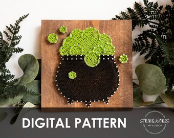 May include: A string art piece featuring a black cauldron with green bubbling potion and floating green bubbles, set against a wooden background. The words "DIGITAL PATTERN" are displayed at the bottom.