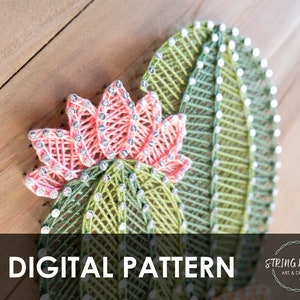 K&ouml;nnte beinhalten: Ein digitales Muster f&uuml;r String Art mit einem Kaktus mit einer rosa Bl&uuml;te. Das Muster ist f&uuml;r ein DIY-Projekt und enth&auml;lt Anweisungen zum Erstellen der Kunst.