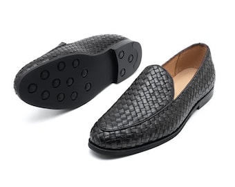 Handgefertigte gewebte schwarze Leder Loafers: Herren Luxuseschuhe
