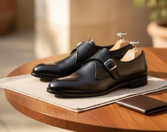Handmade Black Leather Monk Strap Shoes: Single Buckle Formal Dress Shoes