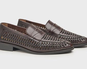 Handgemaakte geweven leren loafers | Instappers voor heren