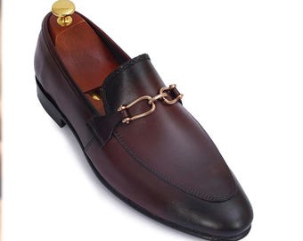 Handmade Brown Patina Leather Loafers for Men •Luxury Slip-On Dress Horsebit Shoes