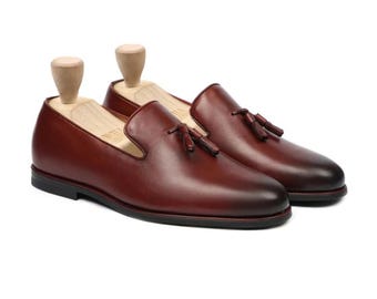 Handmade Burgundy Leather Tassel Loafers | Full-Grain Leather