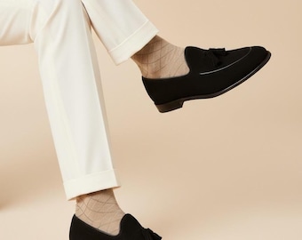 Men’s Black Suede Leather Tassel Loafers - Handmade Slip-on Party Shoes