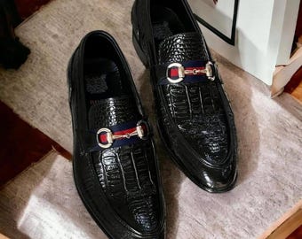 Handmade Black Crocodile Embossed Leather Loafers: Men’s Luxury Horsebit Shoes with Blue Red Strap