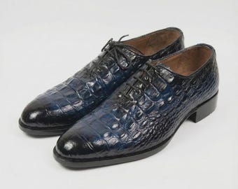 Zapatos Oxford de piel de cocodrilo azul hechos a mano, zapatos de vestir de piel de cocodrilo repujada para hombre.
