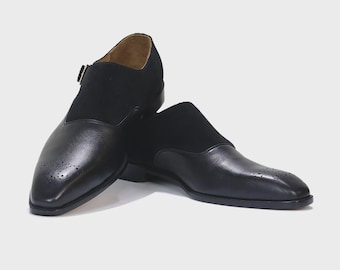 Handmade men black leather and suede monk shoes, strap leather dress shoes mens
