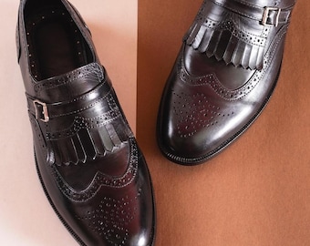 Handmade Men's Black Leather Monk Shoes, Fringed Brogue Business Dress Footwear