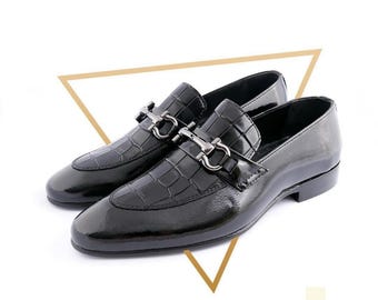 Men’s Handmade Black Croco Leather Loafers | Handmade Slip-On Shoes with Horse Bit Detail