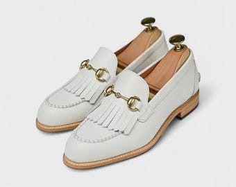 Handmade White Leather Loafers: Horsebit Fringe Dress Shoes