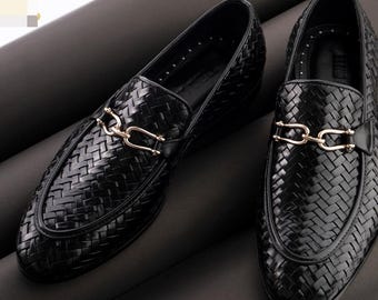 Handgemaakte zwart geweven leren herenloafers | Luxe instapschoenen | Formele en vrijetijdskleding