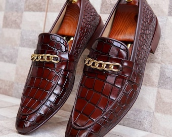 Handgemaakte bruine krokodillenleer loafers herenschoenen, kantoor instapschoen